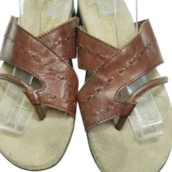 Dr. Scholls Brown Leather Slip-On Sandals Size 7 Cushioned Sole Stitch Detail - Picture 2 of 12